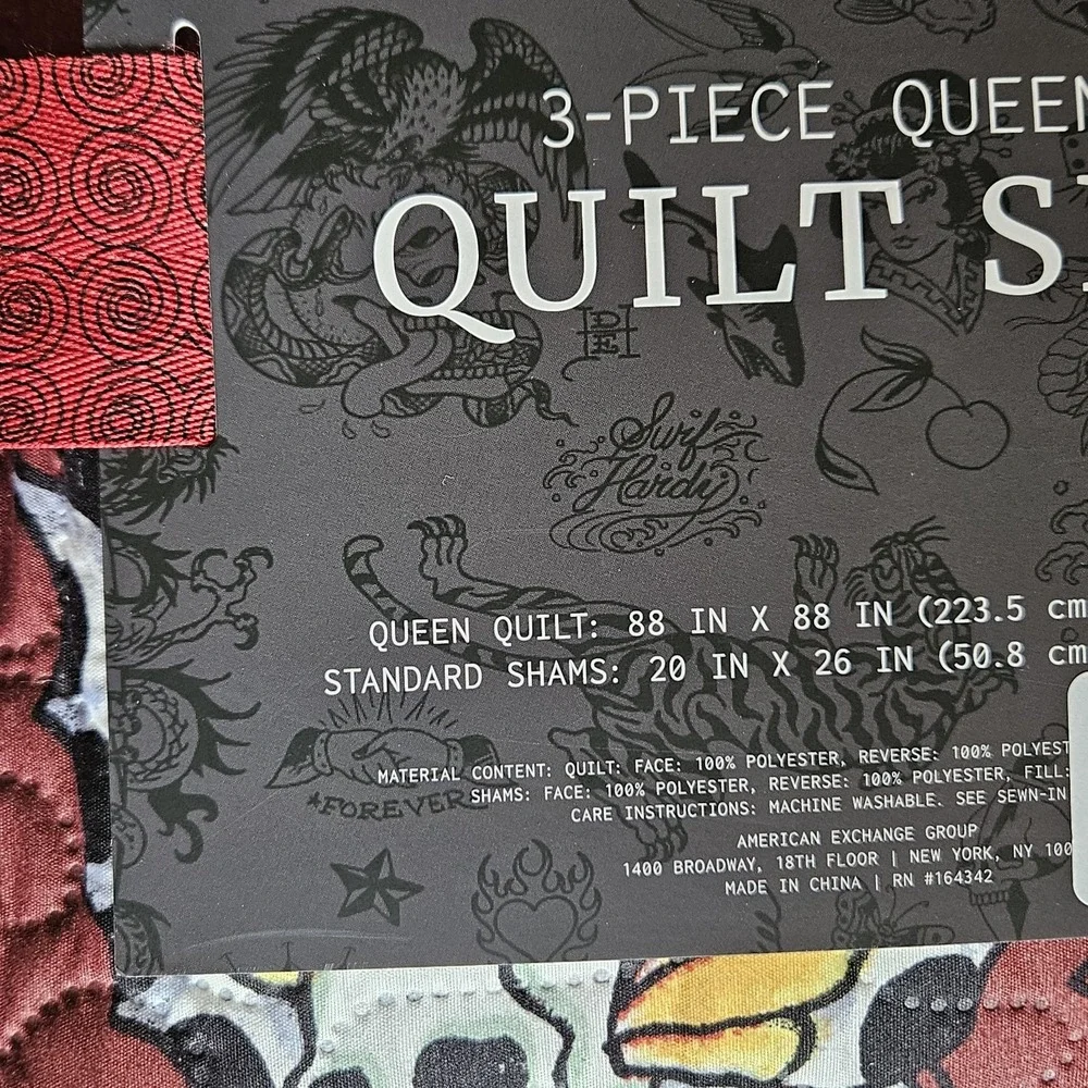 NWT Ed Hardy 3 Piece Quilt Set - Queen size Y2K Skulls Roses Goth Tattoo Flash